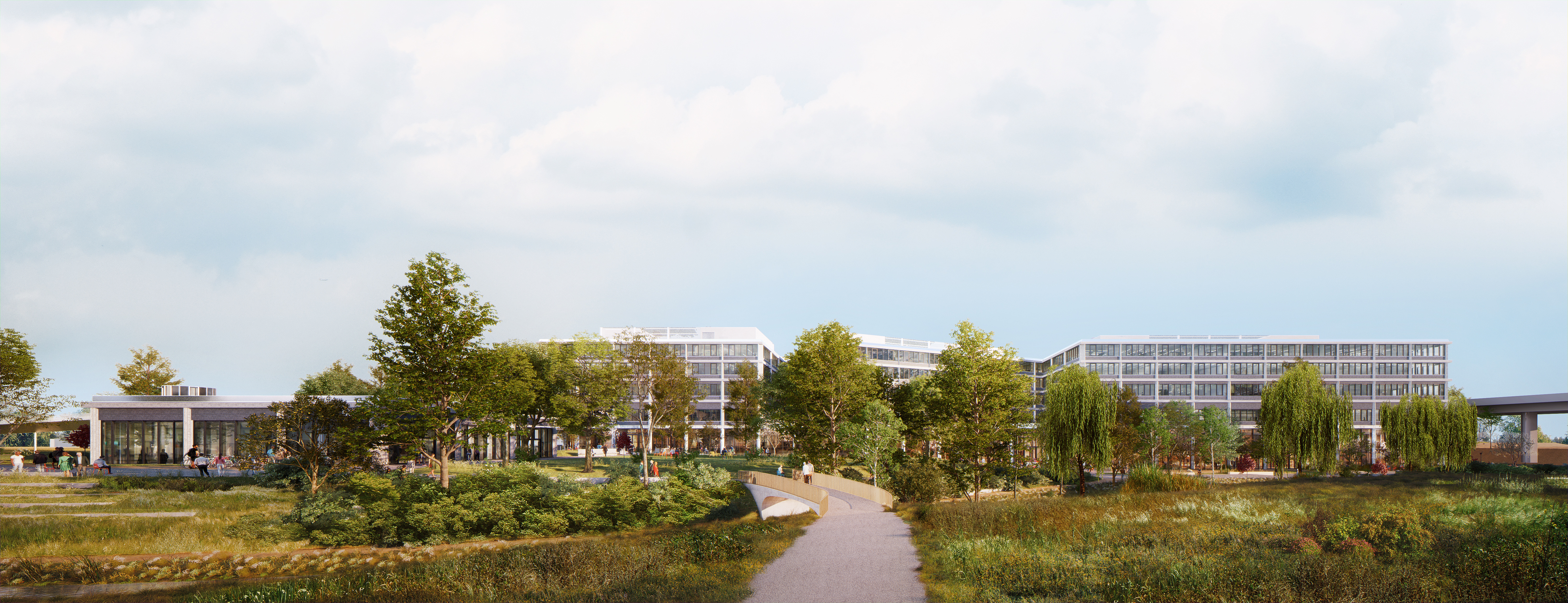 Blick von Norden. Unter der Brücke fliesst der freigelegte Stadtbach. Links der Pavillon mit dem Gartencafé.