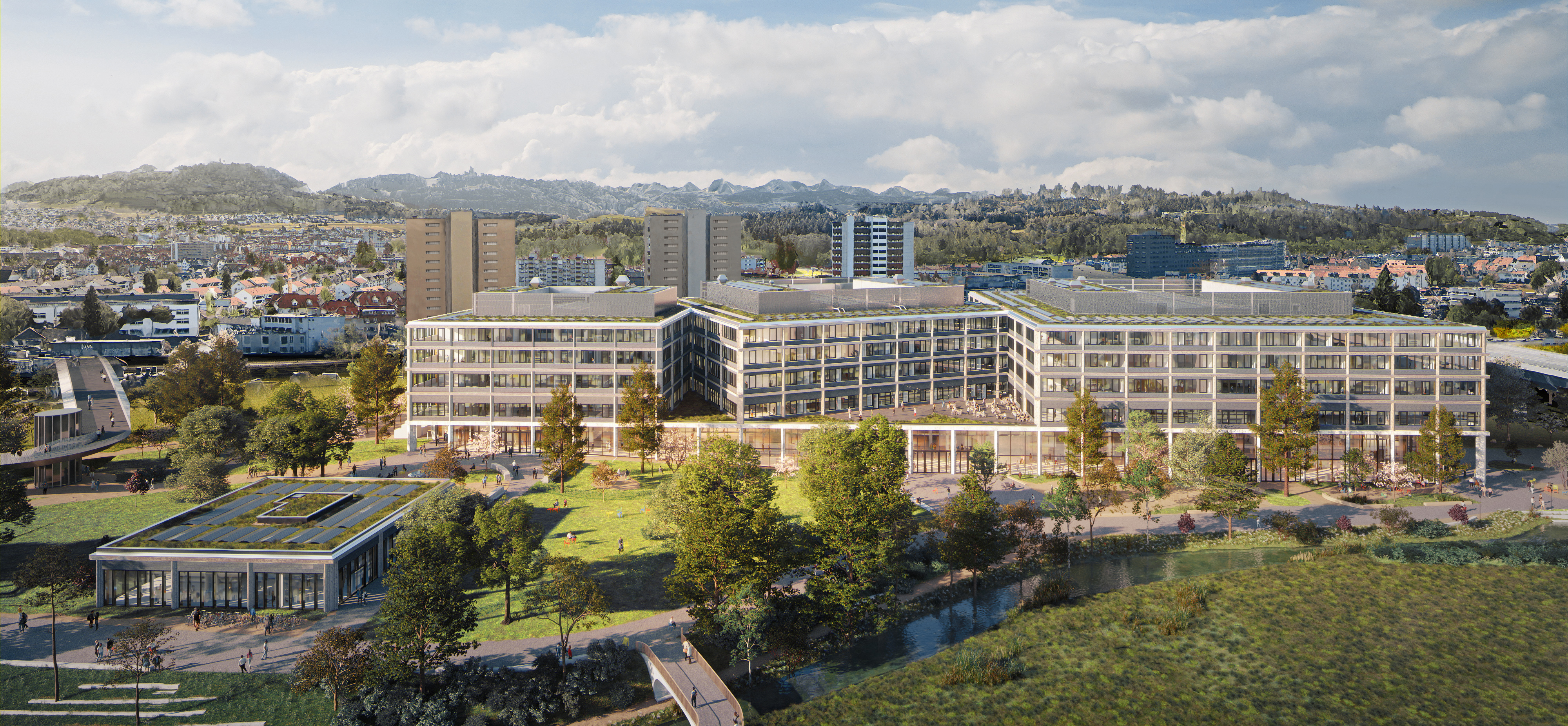 Der neue Campus Bern. Im Vordergrund links der Gartenpavillon. Der Stadtbach ist freigelegt. Die Umgebung mit viel Grün lädt zum Verweilen ein. Links die neue Passerelle «Steigerhubel» über die Bahngleise für Zufussgehende und Velofahrende.