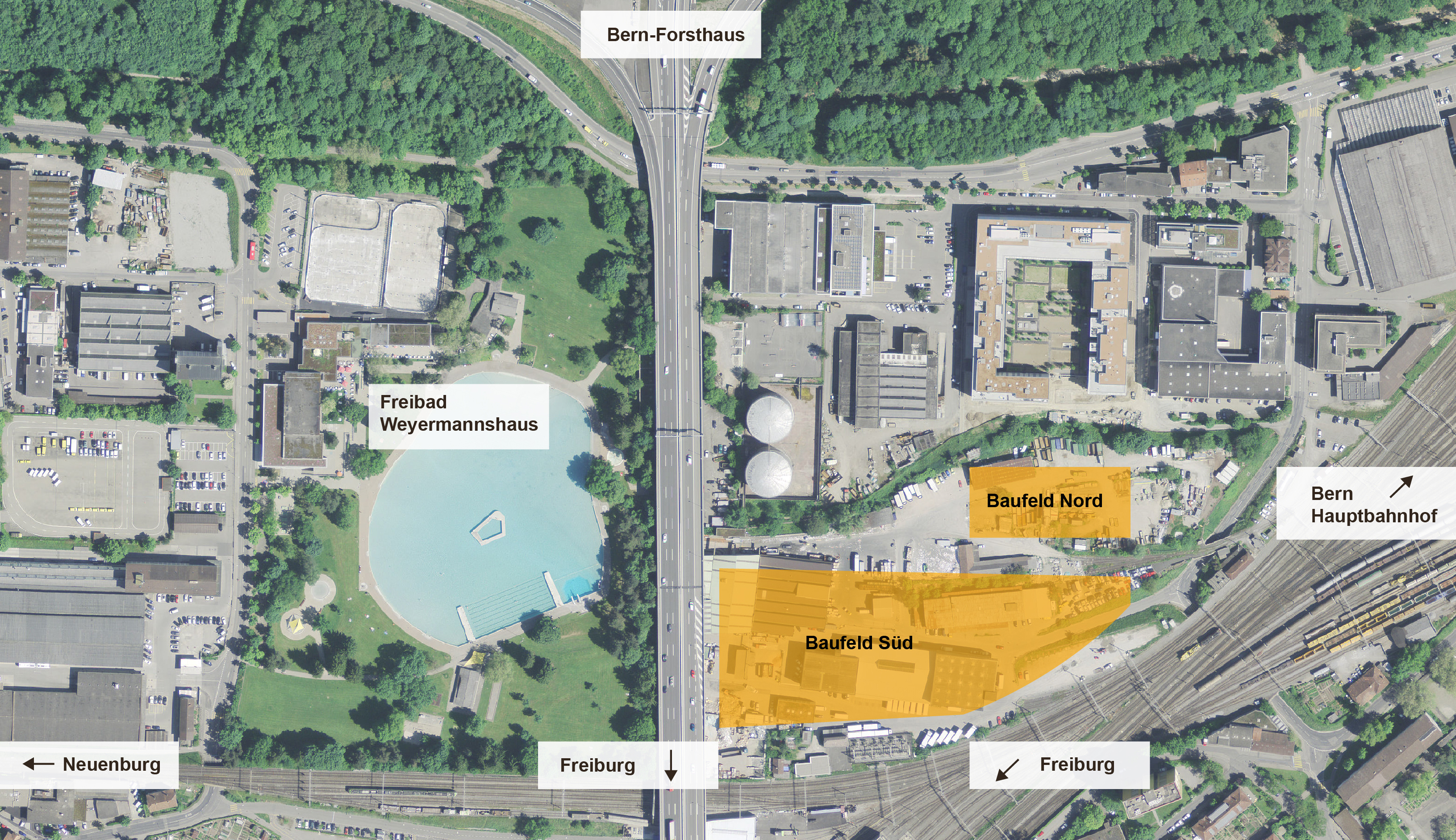 Blick aufs zukünftige Campus-Gelände mit den beiden Baufeldern Nord und Süd. Im Norden ist der Bremgartenwald zu sehen, im Westen das Freibad Weyermannshaus.