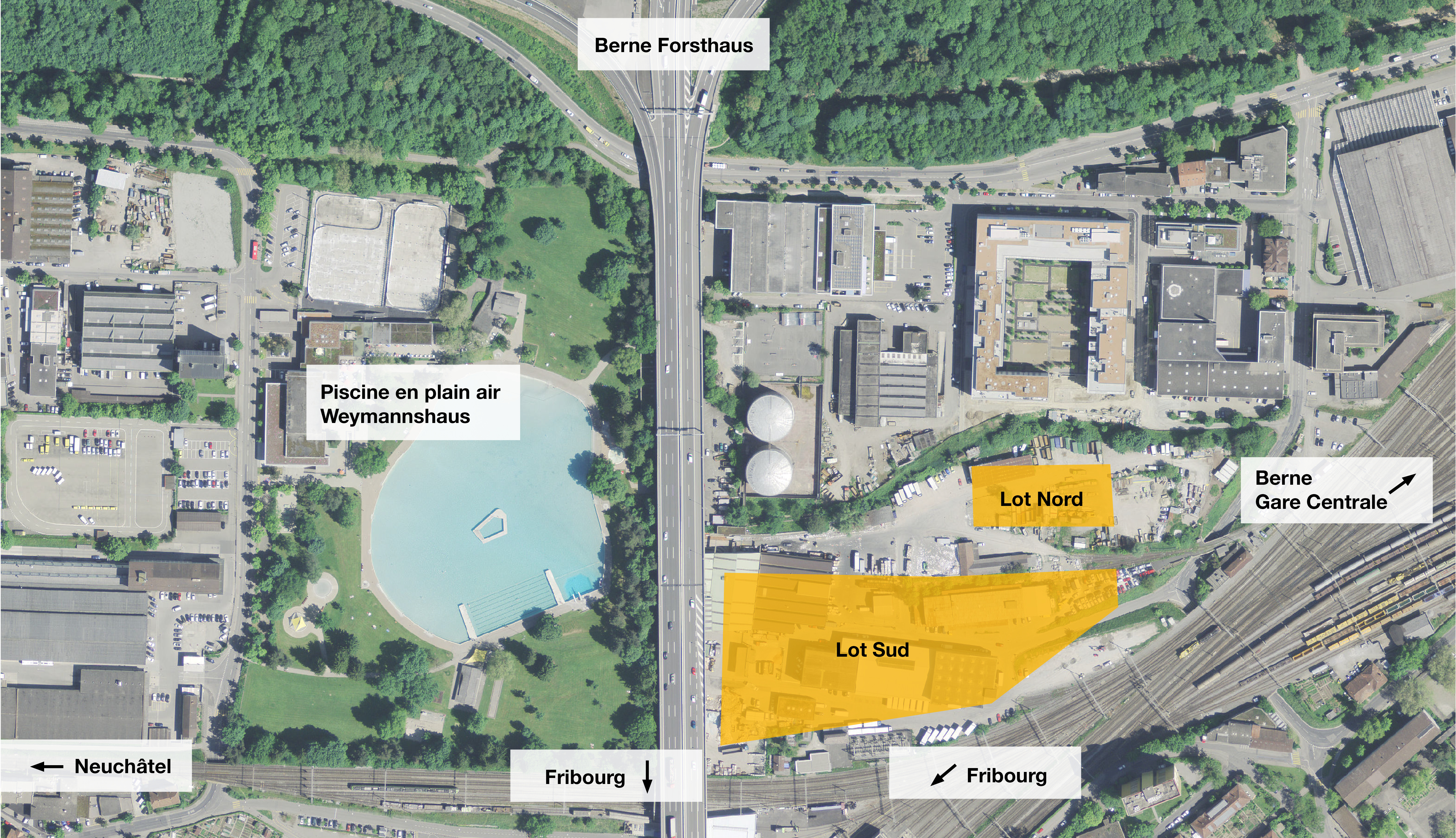 Aperçu du terrain du futur campus avec les lots nord et sud. Au nord, on peut voir la forêt de Bremgarten et, à l'ouest, la piscine de Weyermannshaus.