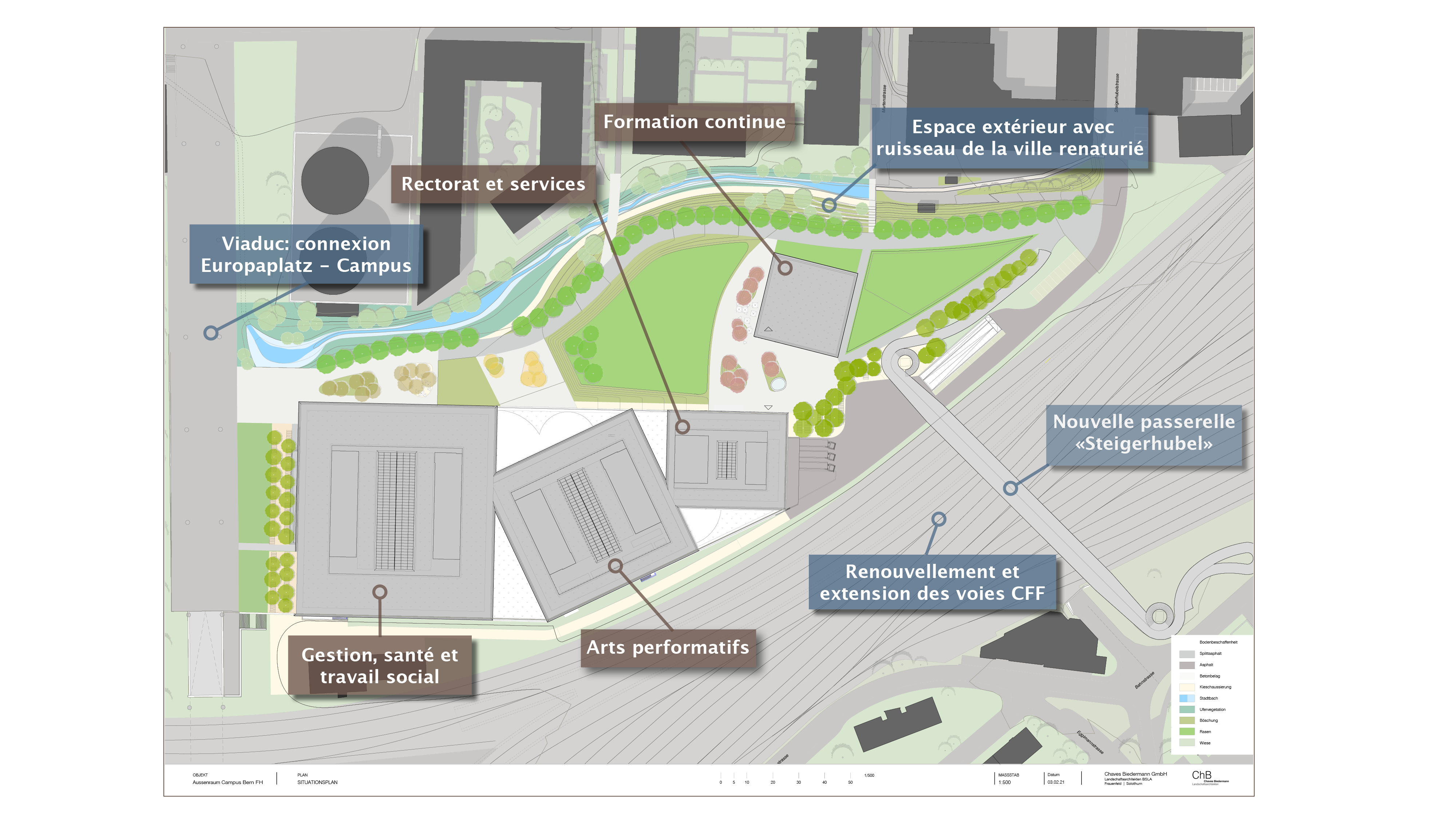 Vue de la répartition des bâtiments, des accès et des aménagements extérieurs du Campus Berne.